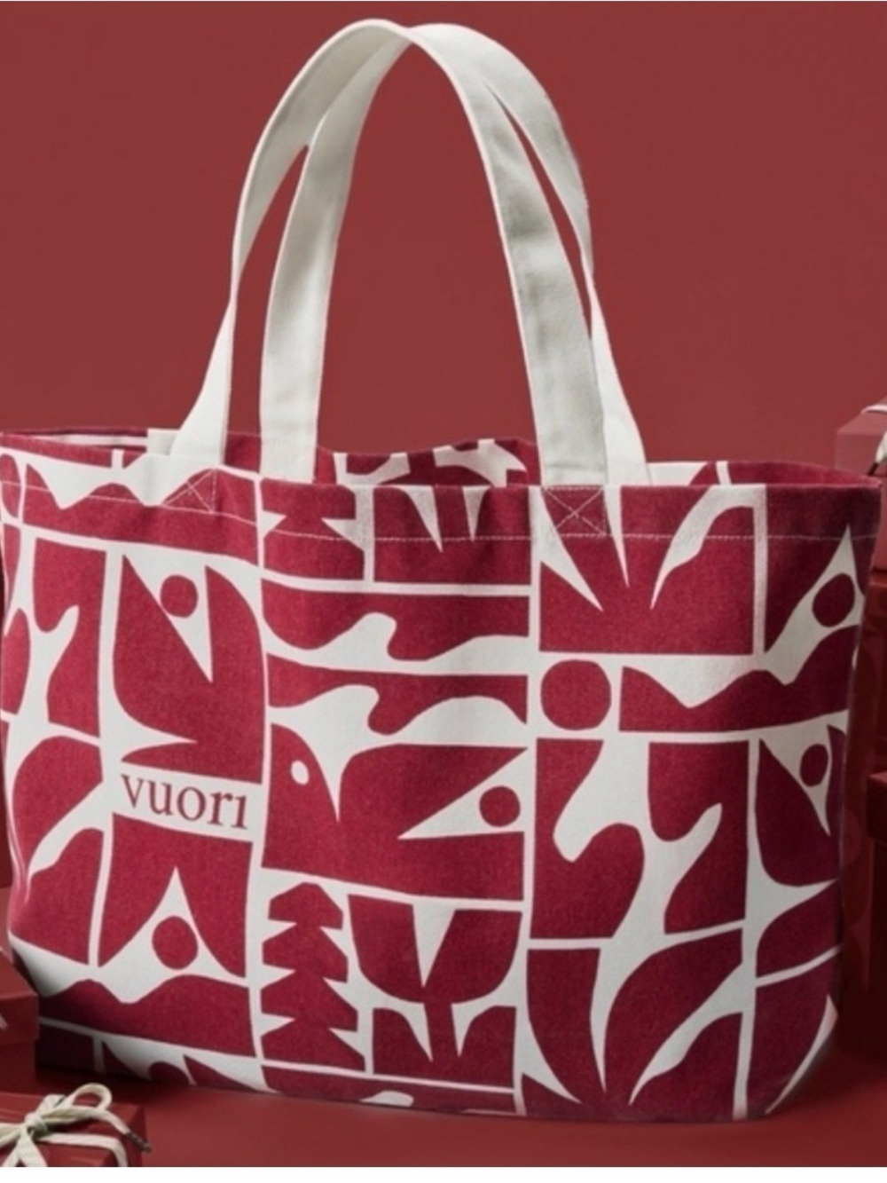 Vuori Red White‎ Patterned Canvas Tote Bag Sporty Athletic Athleisure Carryall